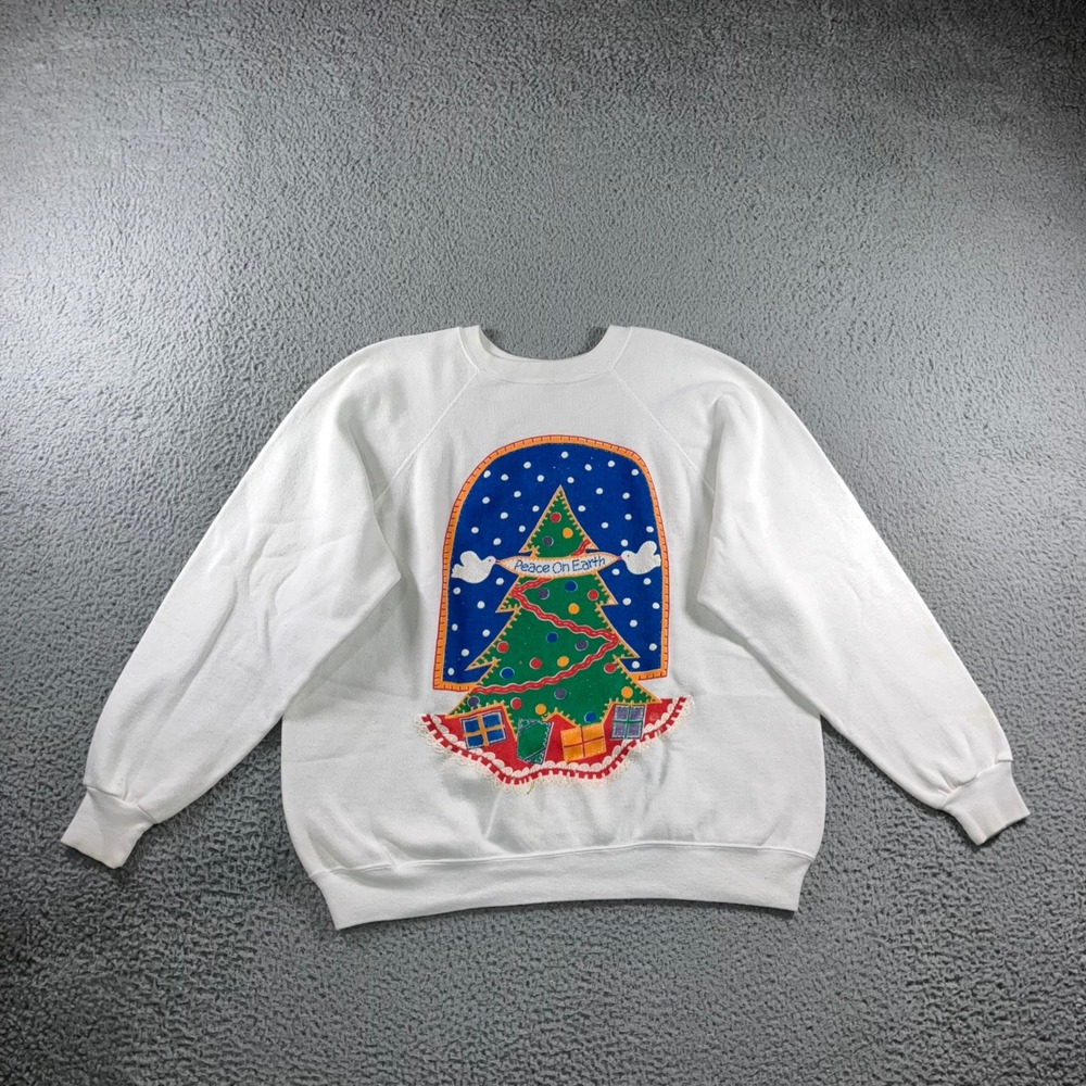 VTG Art By Design Zone Christmas Sweatshirt Womens XL White 80s Peace Tree - Picture 2 of 16